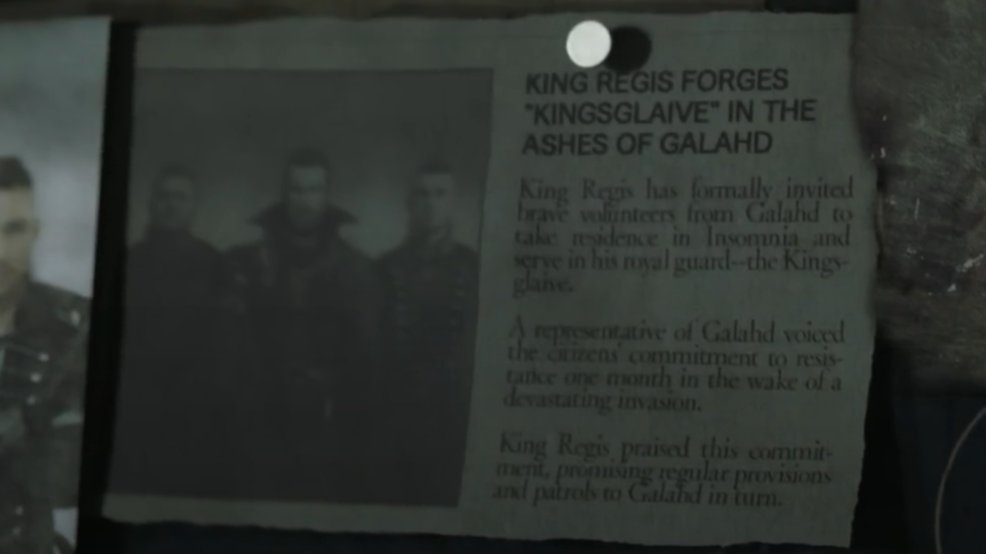newspaper article. headline reads: king regis forges kingsglaive in the ashes of galahd