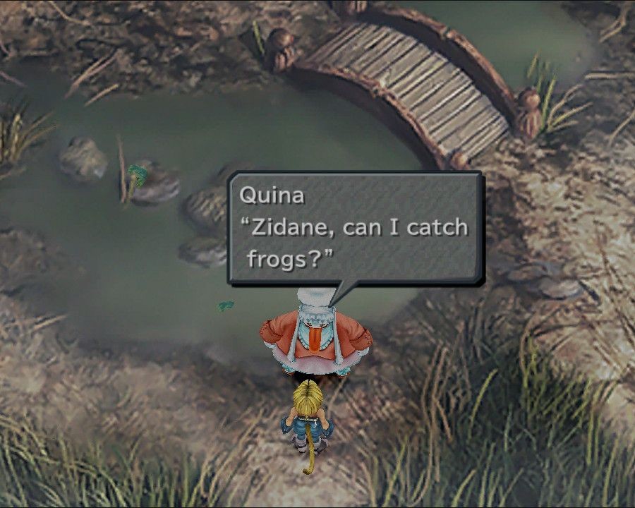 screencap of the Qu Marsh in FF9. Quina's dialogue reads: Zidane, can I catch frogs?