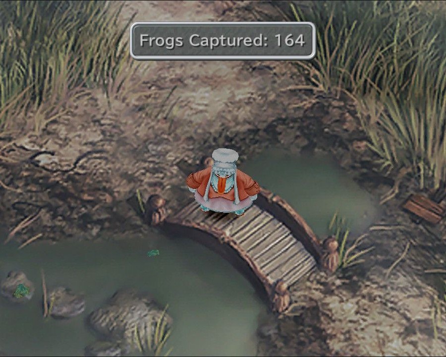 screencap of the Qu Marsh in FF9. A textbox onscreen reads: Frogs: 164