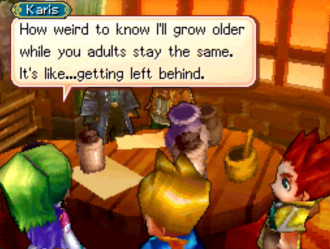 A screenshot of Dark Dawn. Karis's dialogue bubble says: How weird to know I'll grow older while you adults stay the same. It's like...getting left behind.